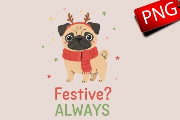 Christmas Dog Pug Hand-Drawn PNG