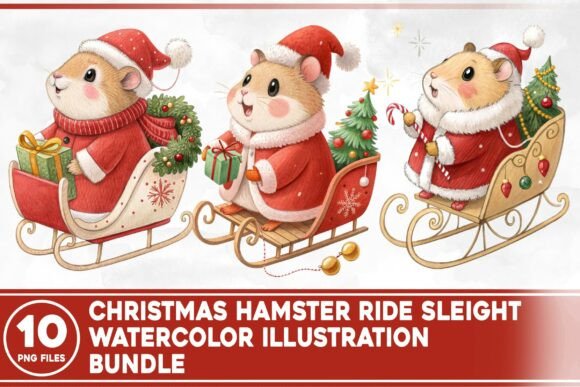 Christmas Hamster Sleight Watercolor Illustrations