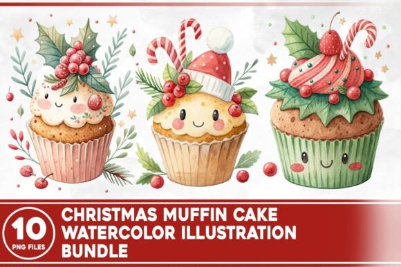 Christmas Muffin Cake Watercolor Bundle: Festive Illustrations for Crafters