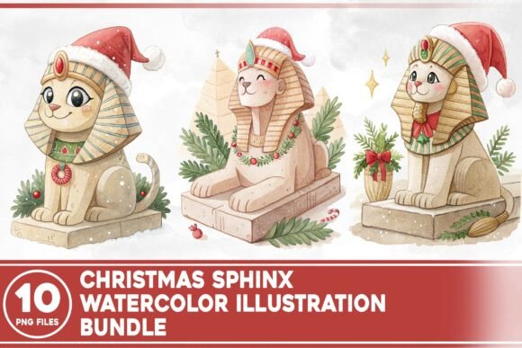 Christmas Sphinx Watercolor Bundle: Editorial Illustrations for Content Publishers