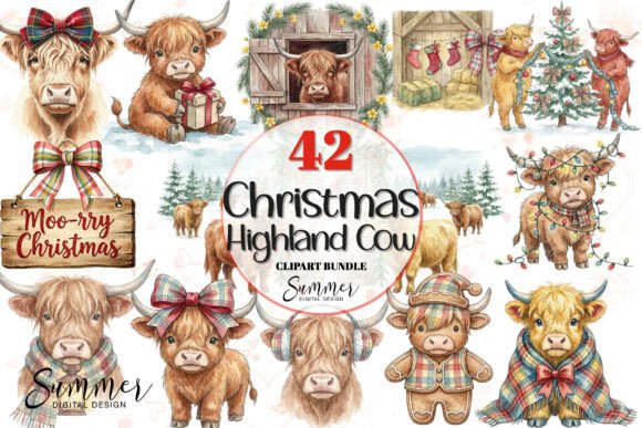 Festive Highland Cow Christmas Clipart for Blog Graphics and Illustrations