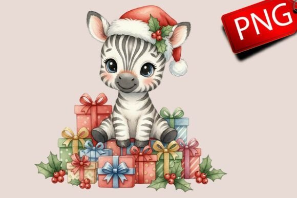 Watercolor Christmas Zebra Clipart for Illustrations