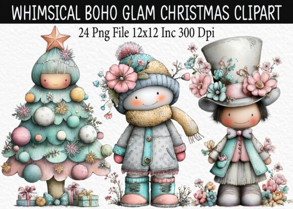 Whimsical Boho Glam Christmas Clipart for Modern Bloggers