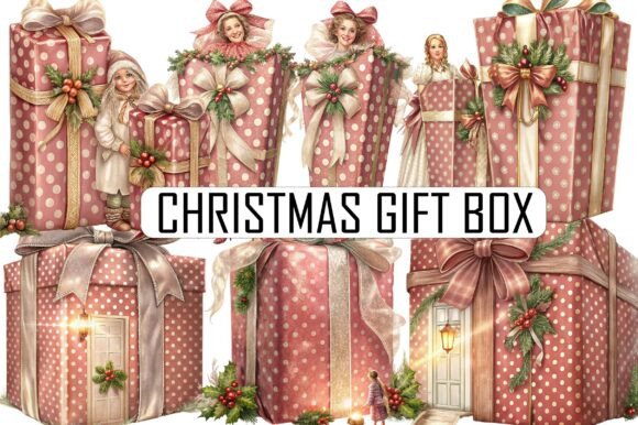 Whimsical Christmas Gift Box Clipart for Illustrations