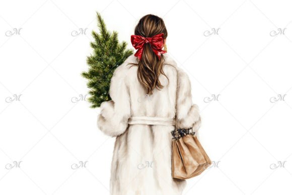 Woman in a White Coat W Christmas Tree Illustrations